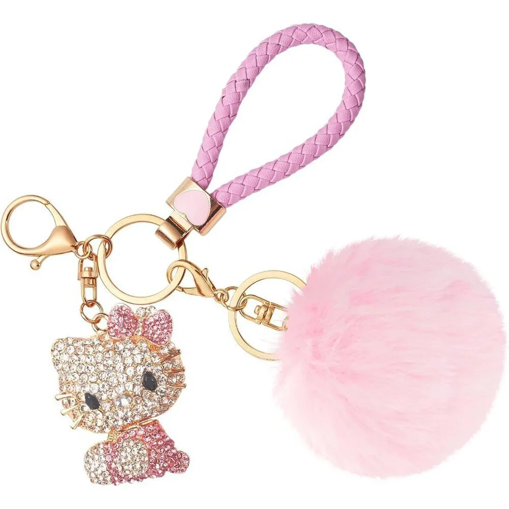 Pink Pom Pom Keychain for Women Girls Kawaii Fluffy Bag Charm Decor